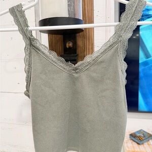 American Eagle Outfitters Olive Ribbed Tank with Lace